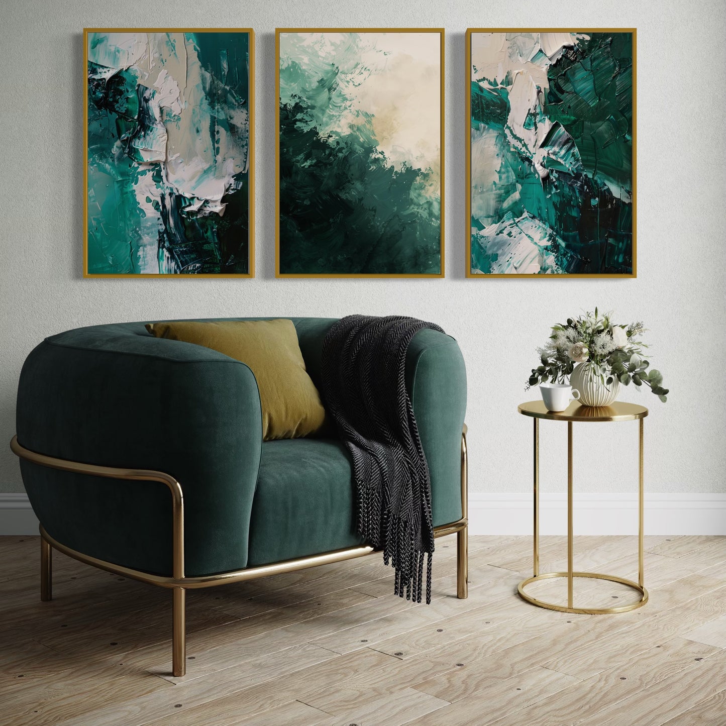 Set Of 3 French Velvet Canvas - Emerald Whispers